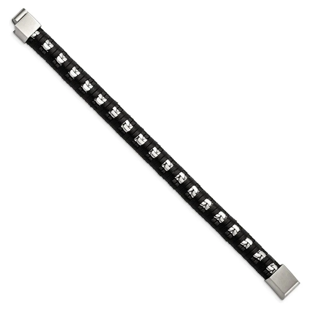 11mm Stainless Steel & Black Leather Polished Chain Bracelet, 8.25 In