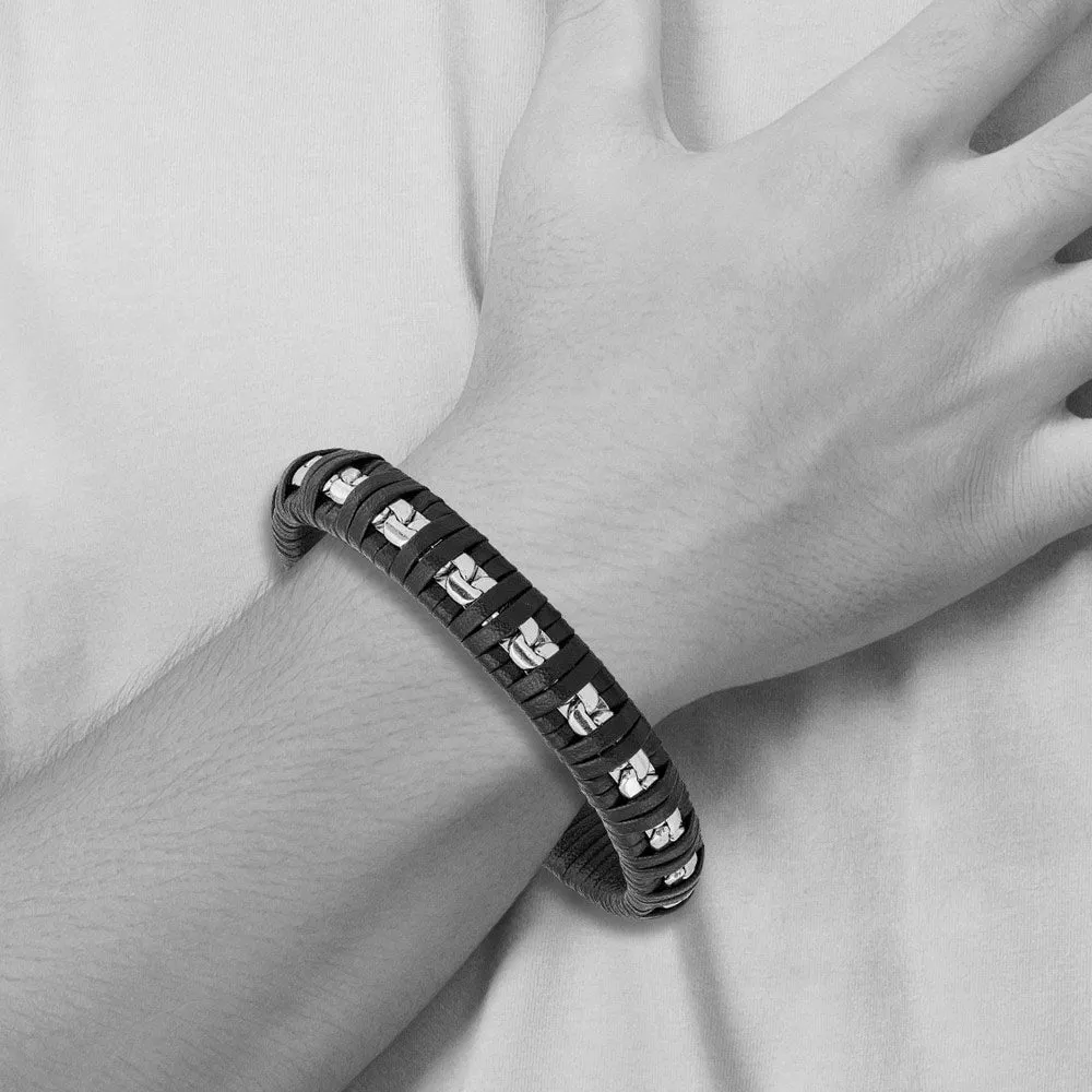 11mm Stainless Steel & Black Leather Polished Chain Bracelet, 8.25 In