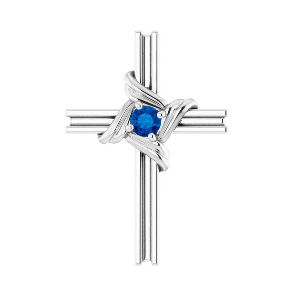 14K Two Tone, White or Yellow Gold Blue Sapphire Cross Pendant 13x18mm