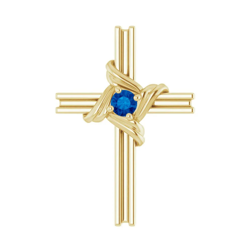 14K Two Tone, White or Yellow Gold Blue Sapphire Cross Pendant 13x18mm