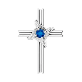 14K Two Tone, White or Yellow Gold Blue Sapphire Cross Pendant 13x18mm