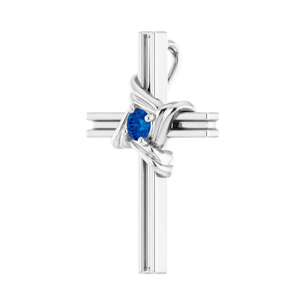 14K Two Tone, White or Yellow Gold Blue Sapphire Cross Pendant 13x18mm