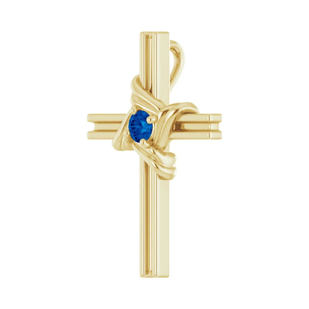 14K Two Tone, White or Yellow Gold Blue Sapphire Cross Pendant 13x18mm