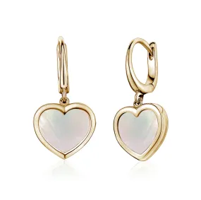 14K Yellow Gold Heart Leverback Earrings Mother of Pearl or Pink for Girls and Women Italy