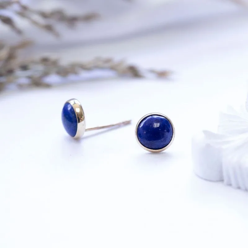 14K Yellow Gold Round Blue Lapis Lazuli 6mm Stud Earrings