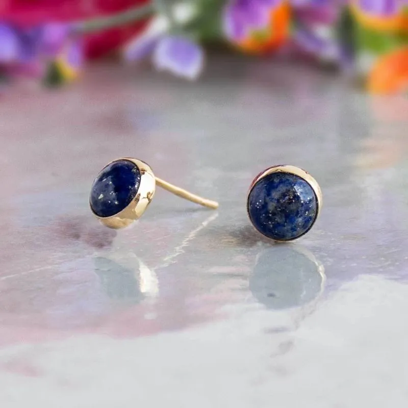 14K Yellow Gold Round Blue Lapis Lazuli 6mm Stud Earrings