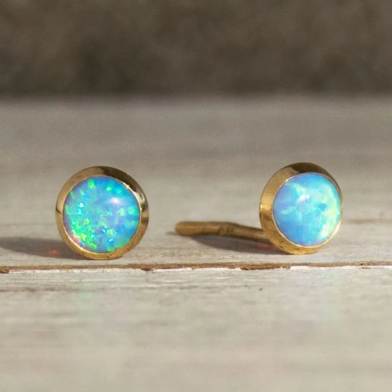 14K Yellow Gold Round Blue Opal 4mm Stud Earrings