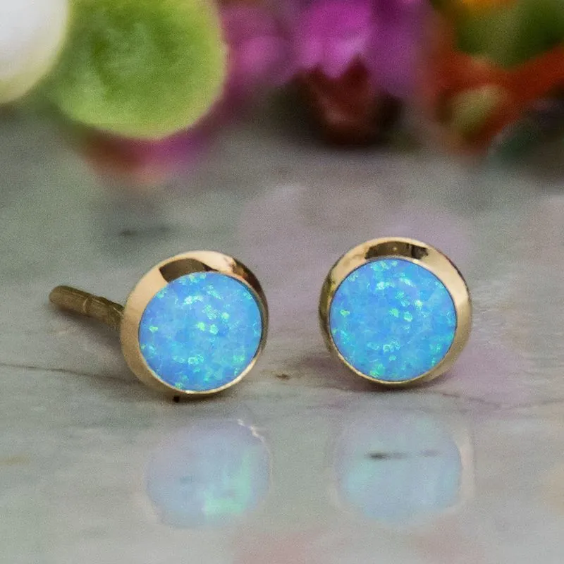 14K Yellow Gold Round Blue Opal 4mm Stud Earrings