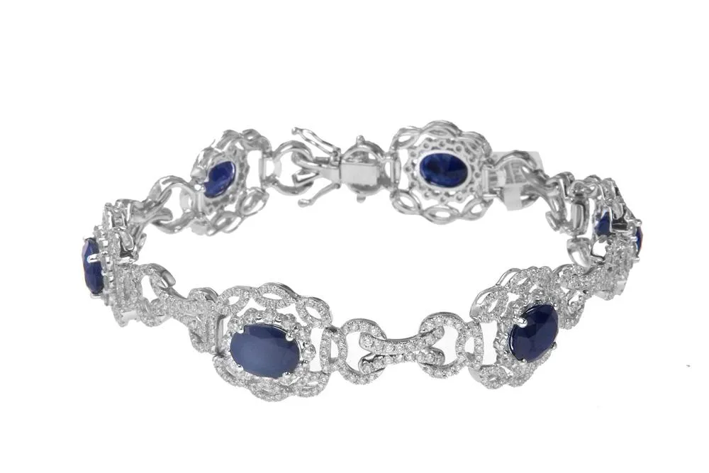 18K White Gold Blue Sapphire Bracelet with Round Diamonds 5.00CT Sapphire Weight Is 14.54CT