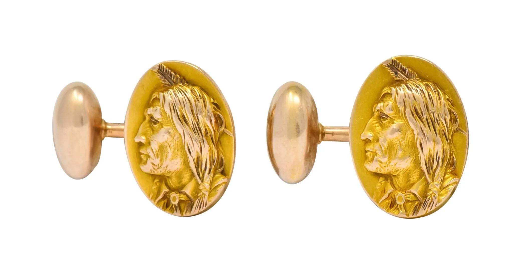 1900's Victorian 14 Karat Two-Tone Gold Native American Men's Cufflinks