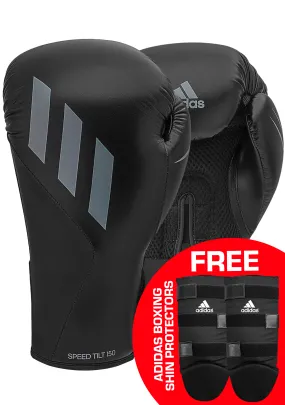 Adidas Speed Tilt 150 Boxing Gloves Black with FREE Adidas Shin Protectors  SPD150TG-BBG BLACK