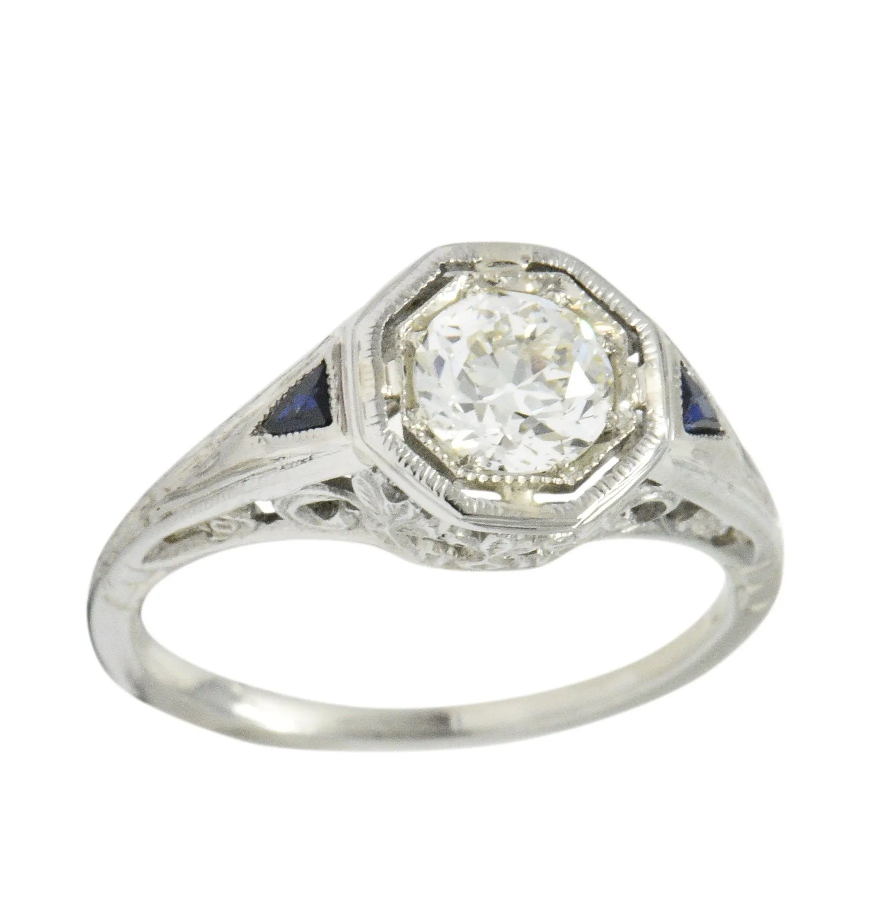 Art Deco 0.69 CTW Diamond Sapphire 18 Karat White Gold Engagement Ring GIA