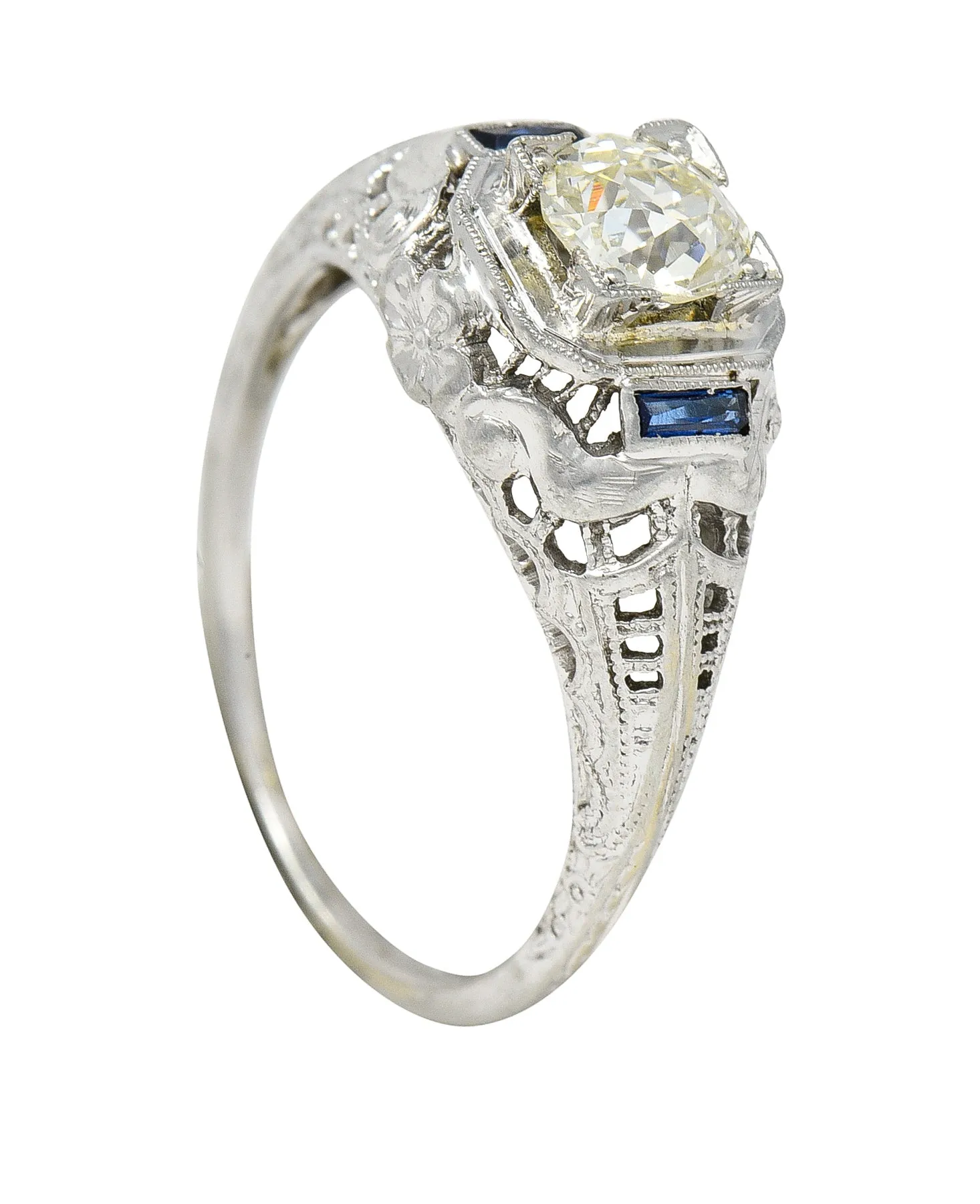 Art Deco 0.71 CTW Old European Cut Diamond Sapphire 18 Karat White Gold Vintage Engagement Ring