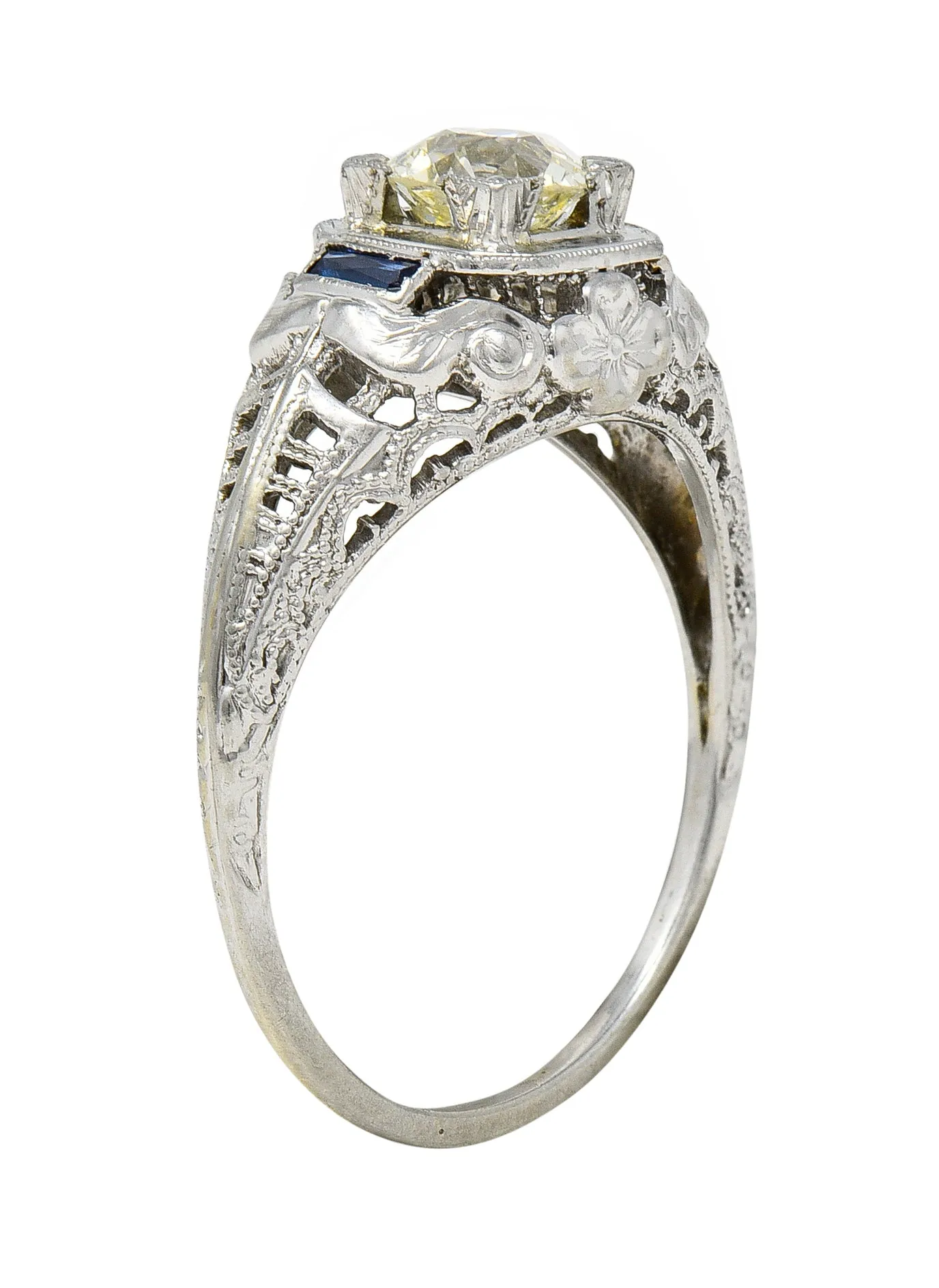 Art Deco 0.71 CTW Old European Cut Diamond Sapphire 18 Karat White Gold Vintage Engagement Ring