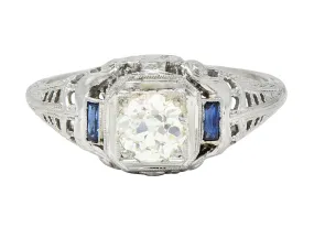 Art Deco 0.71 CTW Old European Cut Diamond Sapphire 18 Karat White Gold Vintage Engagement Ring