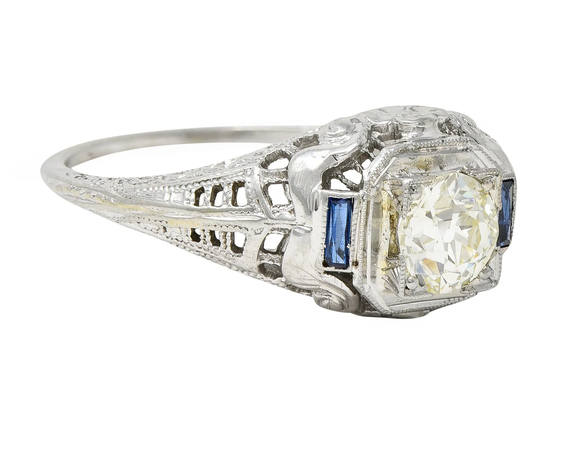 Art Deco 0.71 CTW Old European Cut Diamond Sapphire 18 Karat White Gold Vintage Engagement Ring