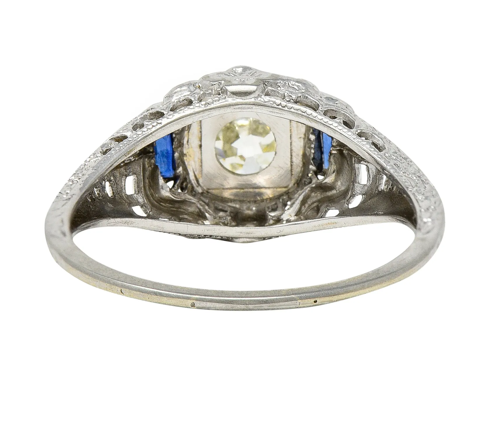 Art Deco 0.71 CTW Old European Cut Diamond Sapphire 18 Karat White Gold Vintage Engagement Ring