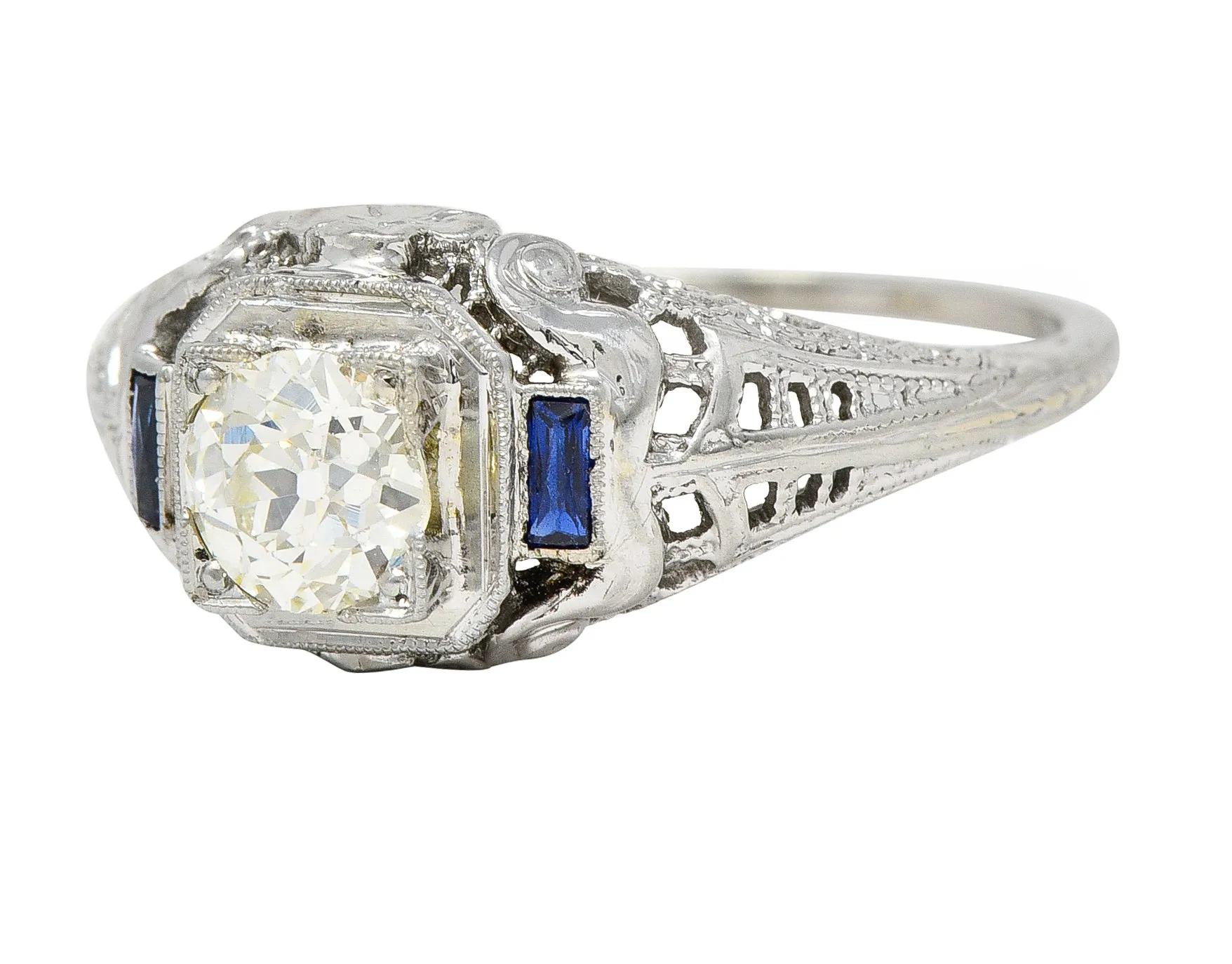 Art Deco 0.71 CTW Old European Cut Diamond Sapphire 18 Karat White Gold Vintage Engagement Ring