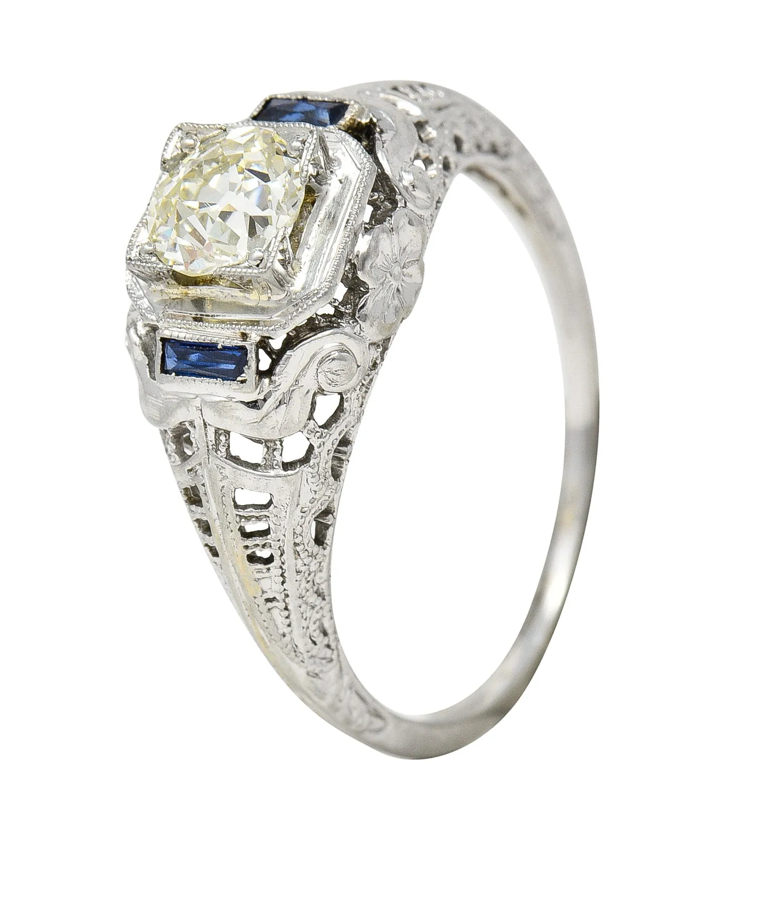 Art Deco 0.71 CTW Old European Cut Diamond Sapphire 18 Karat White Gold Vintage Engagement Ring