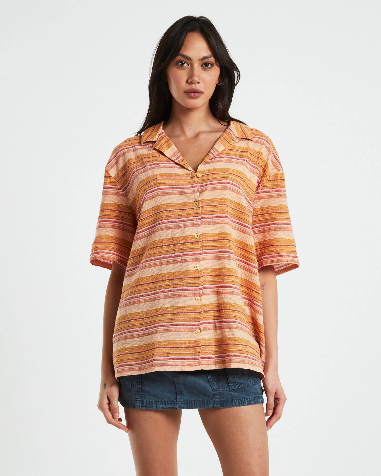 BDG Urban Outfitters BDG Nolan Bowling Shirt Stripe Orange