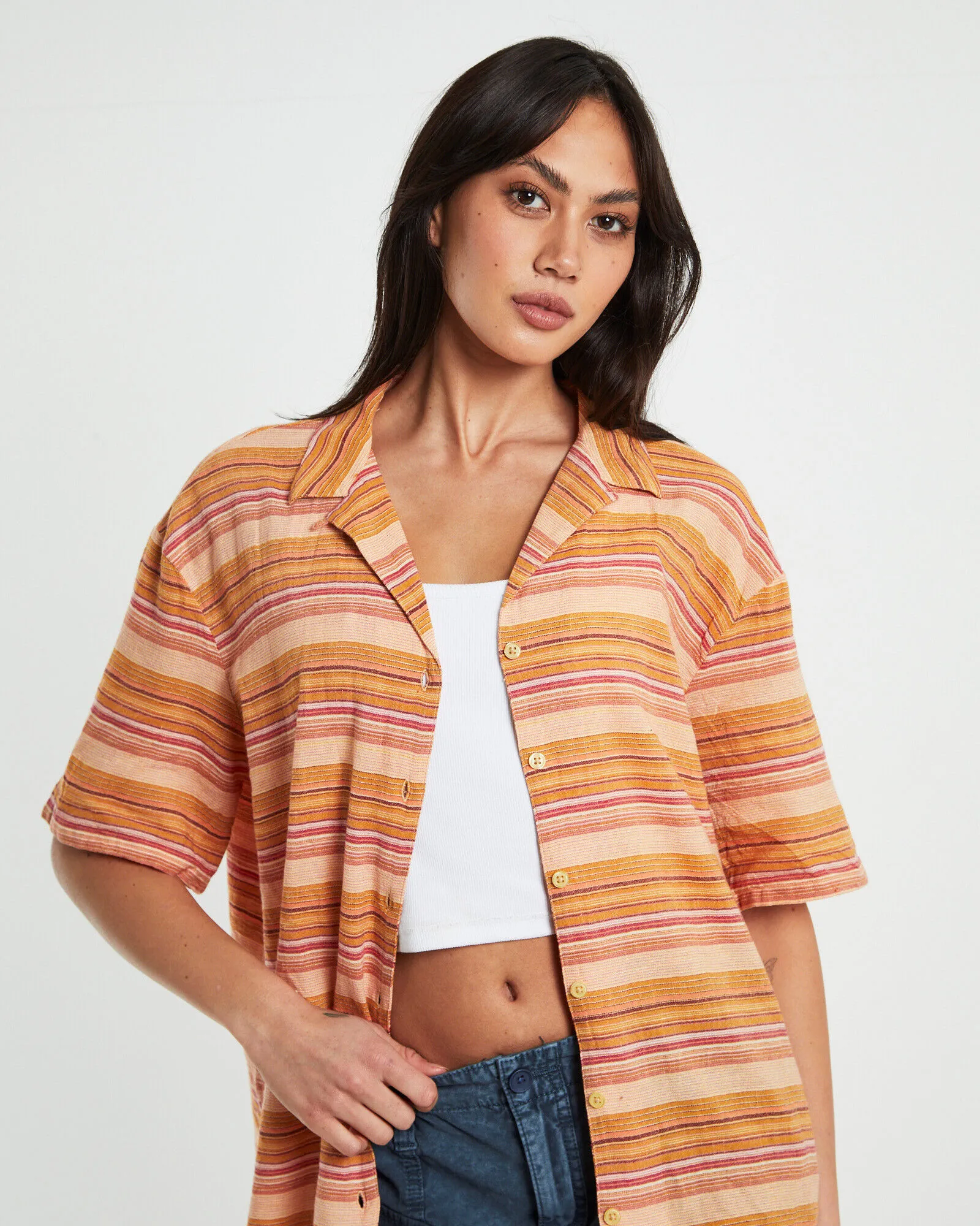 BDG Urban Outfitters BDG Nolan Bowling Shirt Stripe Orange