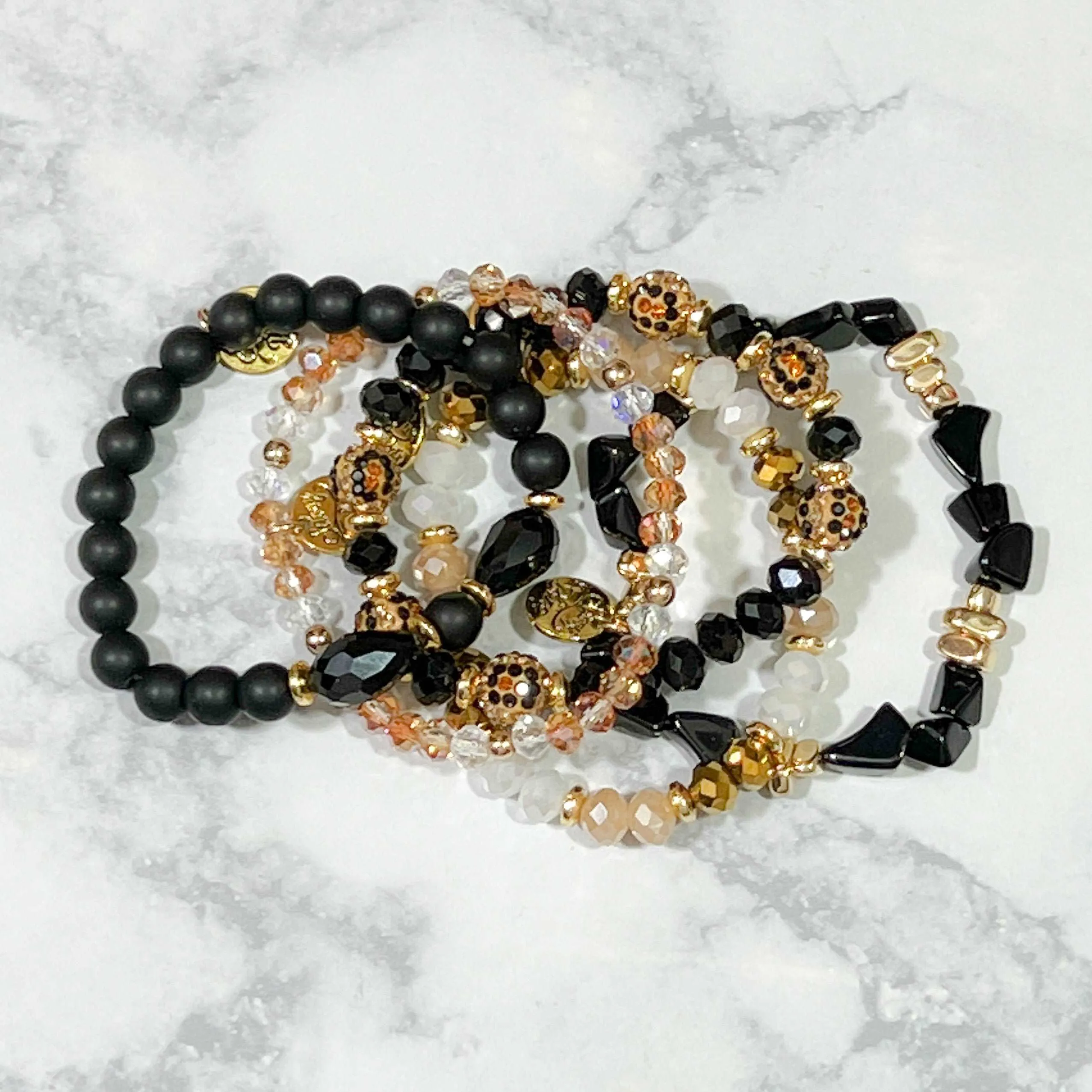 Black Gold Tan Leo Beaded Bracelet Stack