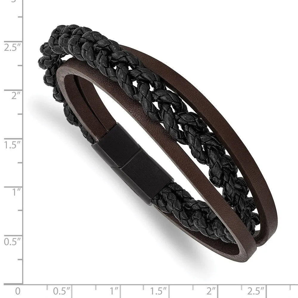 Black Plated Stainless Steel, Blk/Brn Leather Strand Bracelet, 8.25 In