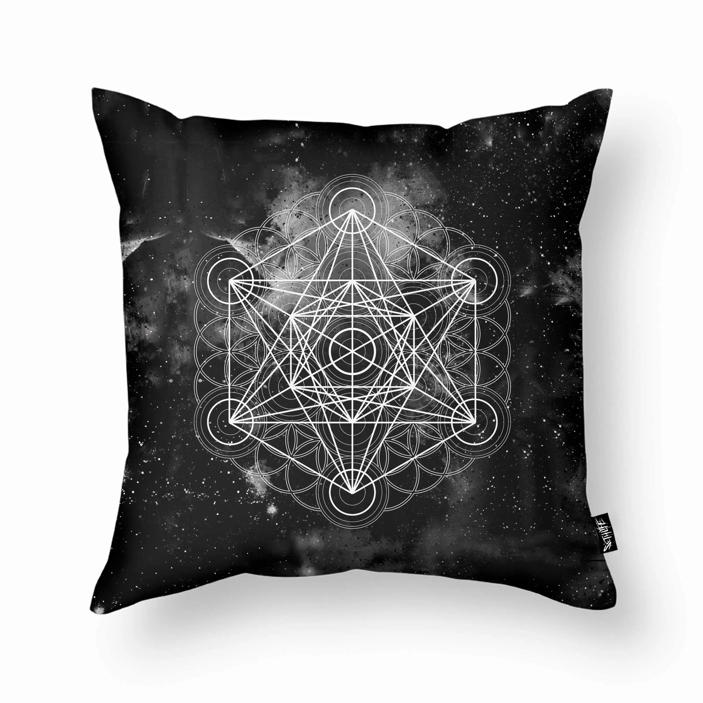 BLACK SPACE METATRONS CUBE THROW PILLOW