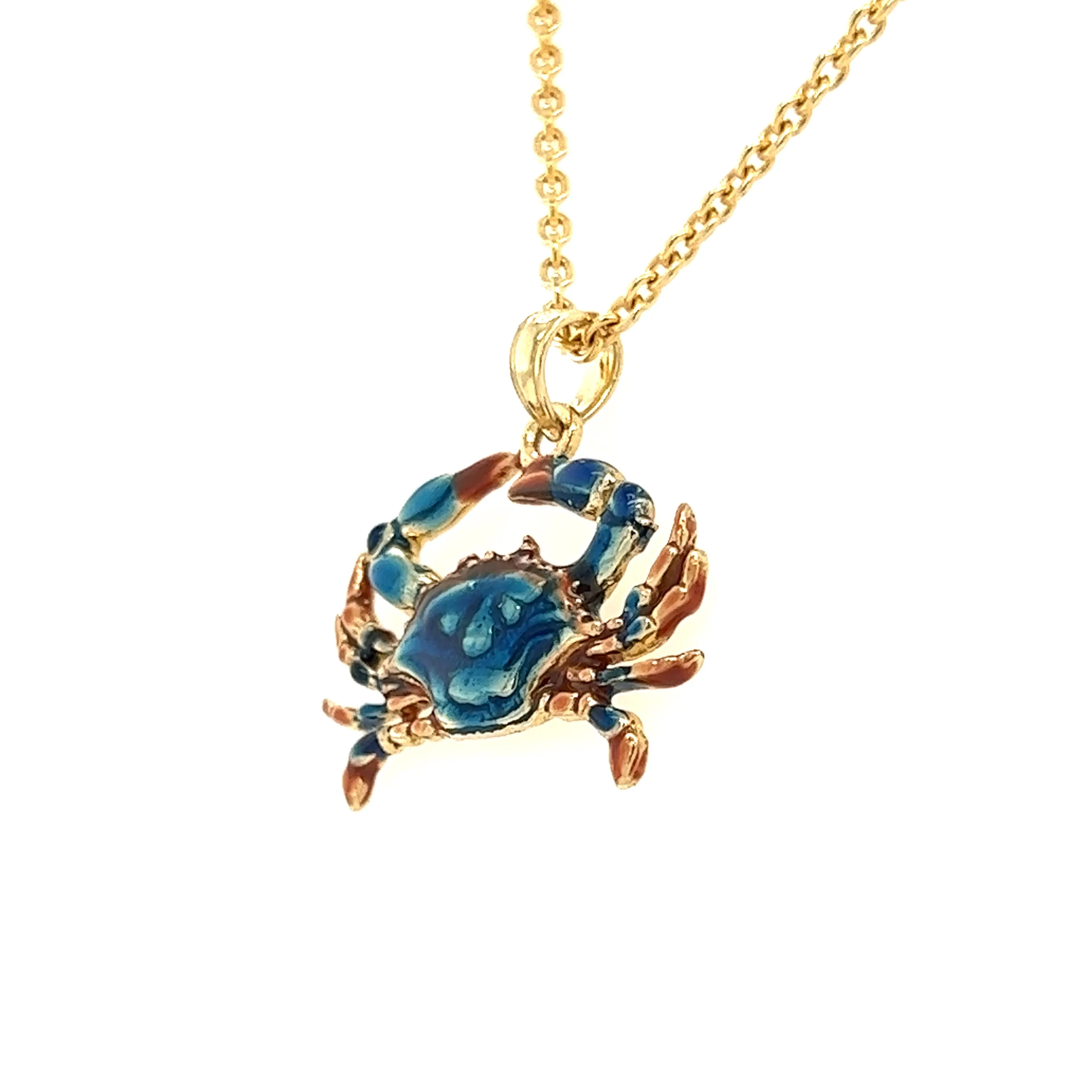 Blue Crab Small Pendant with Enameling in 14K Yellow Gold