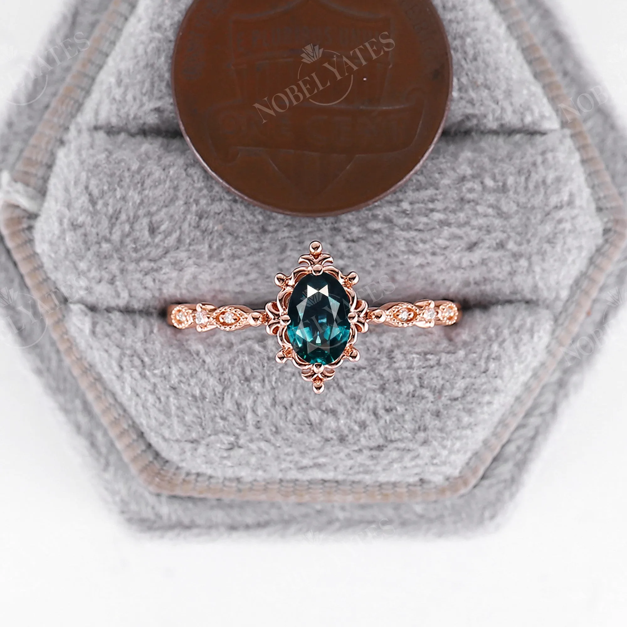 Blue Green Sapphire Vintage Filigree Milgrain Engagement Ring Rose Gold