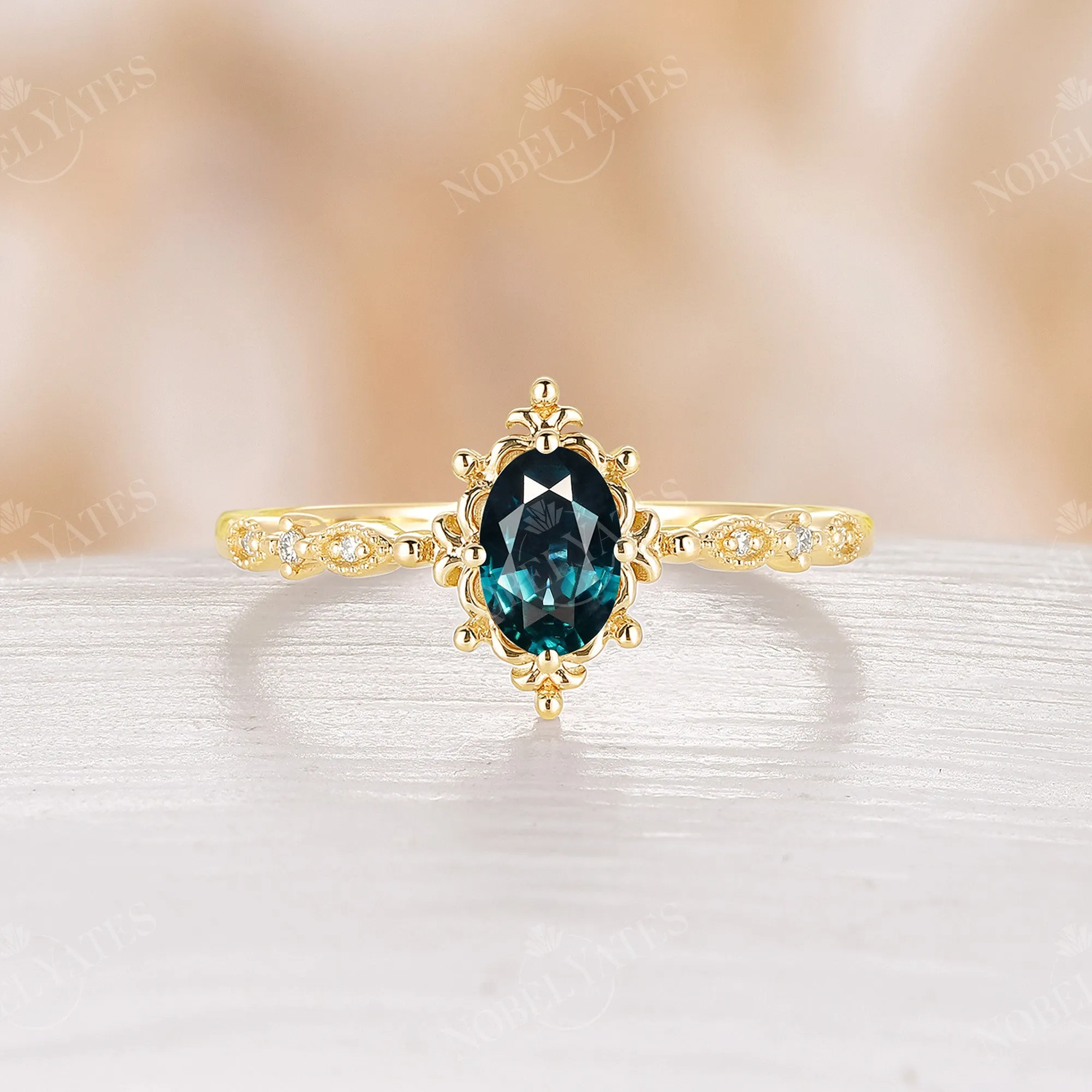 Blue Green Sapphire Vintage Filigree Milgrain Engagement Ring Rose Gold