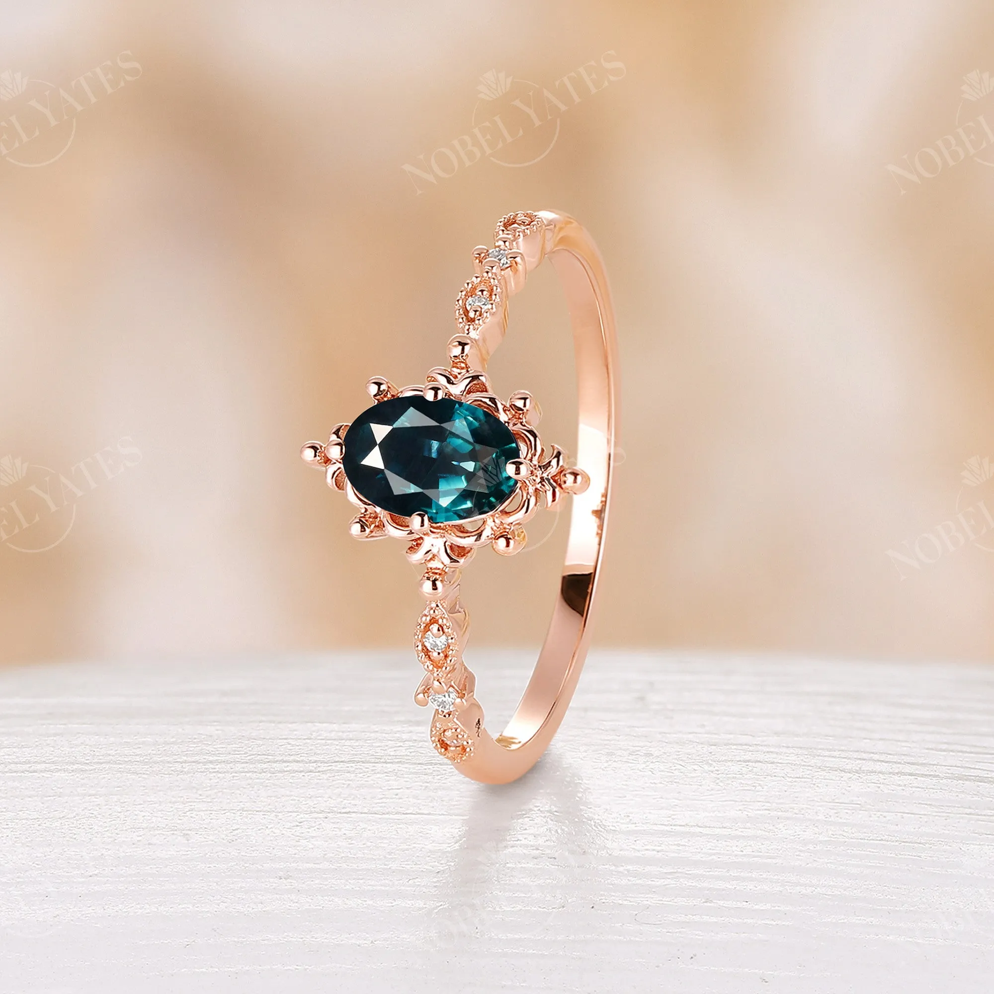 Blue Green Sapphire Vintage Filigree Milgrain Engagement Ring Rose Gold