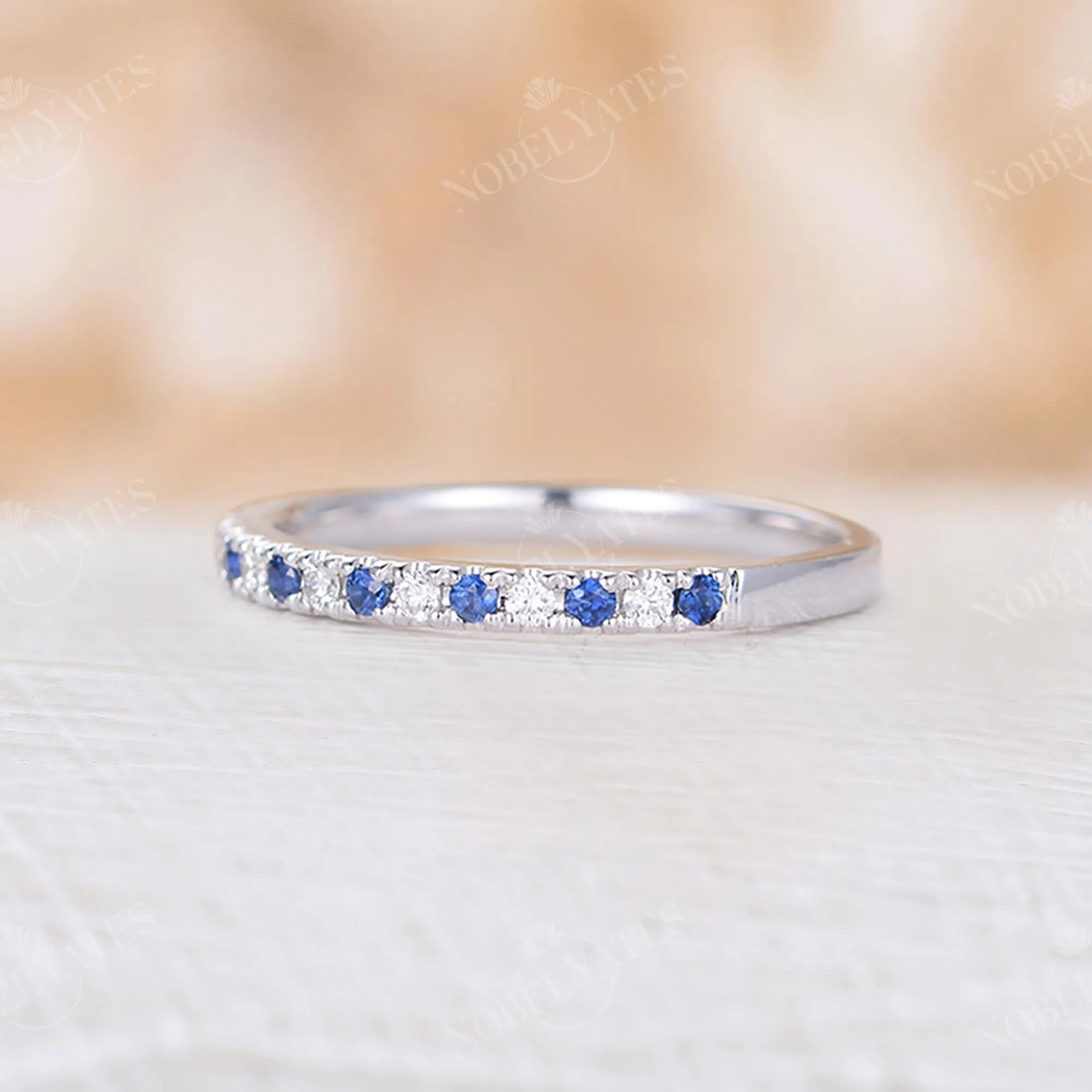 Blue Sapphire & Diamond Pave Wedding Band White Gold