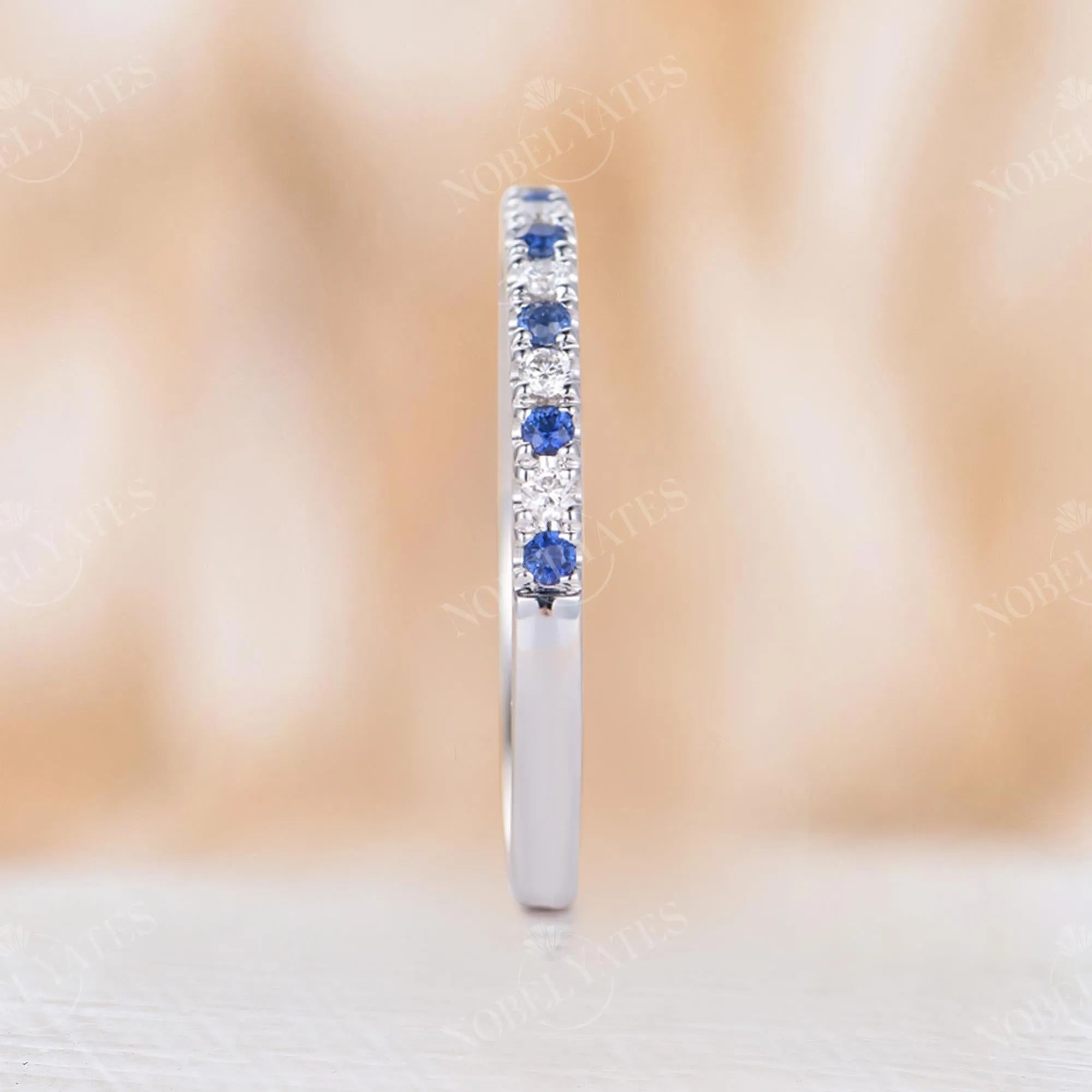 Blue Sapphire & Diamond Pave Wedding Band White Gold