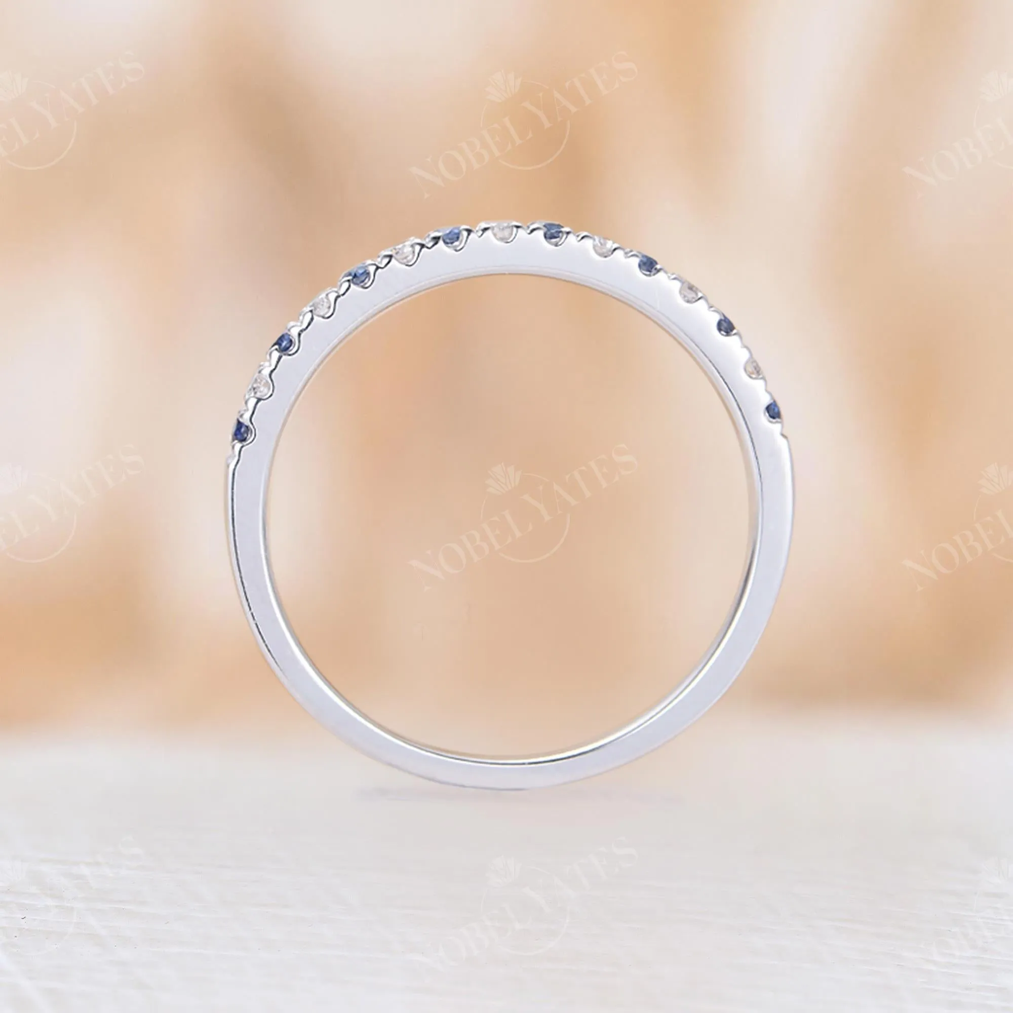 Blue Sapphire & Diamond Pave Wedding Band White Gold