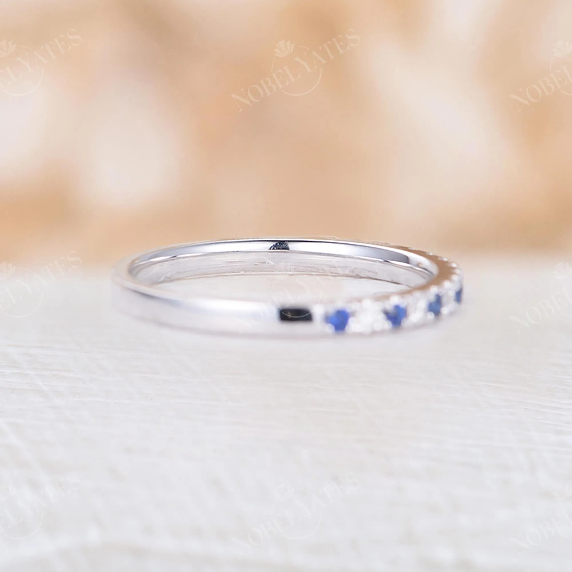 Blue Sapphire & Diamond Pave Wedding Band White Gold