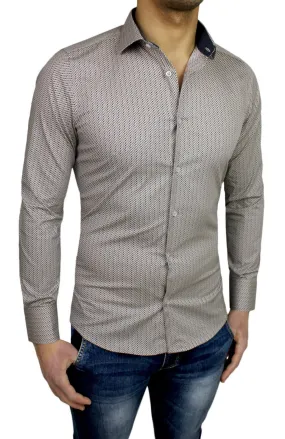 CAMICIA UOMO SARTORIALE BEIGE MICRO FANTASIA CASUAL ELEGANTE NUOVA MADE IN ITALY