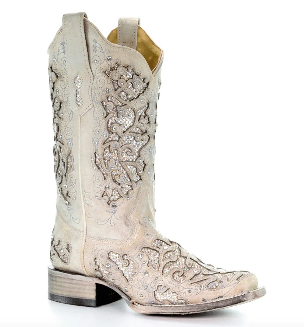 Corral Women's White Glitter Inlay Crystal Square Toe Wedding Boot A3397