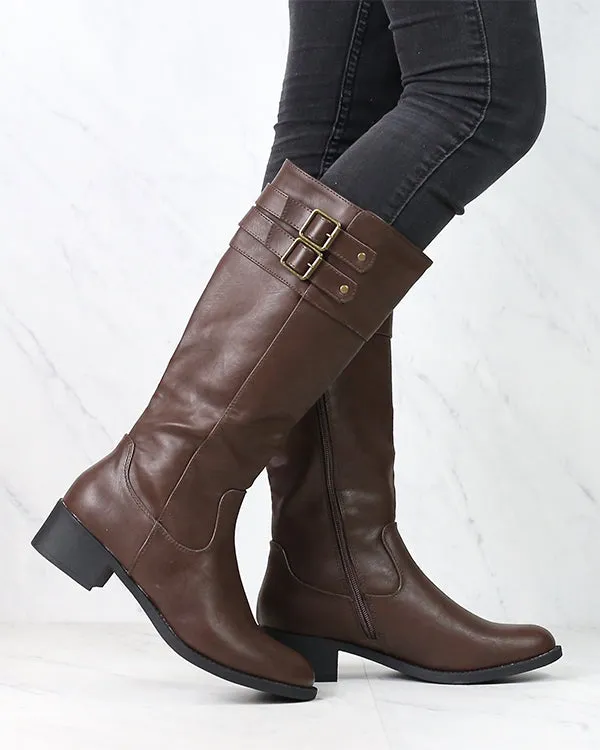 Faux Leather Knee High Riding Boots - Dark Brown