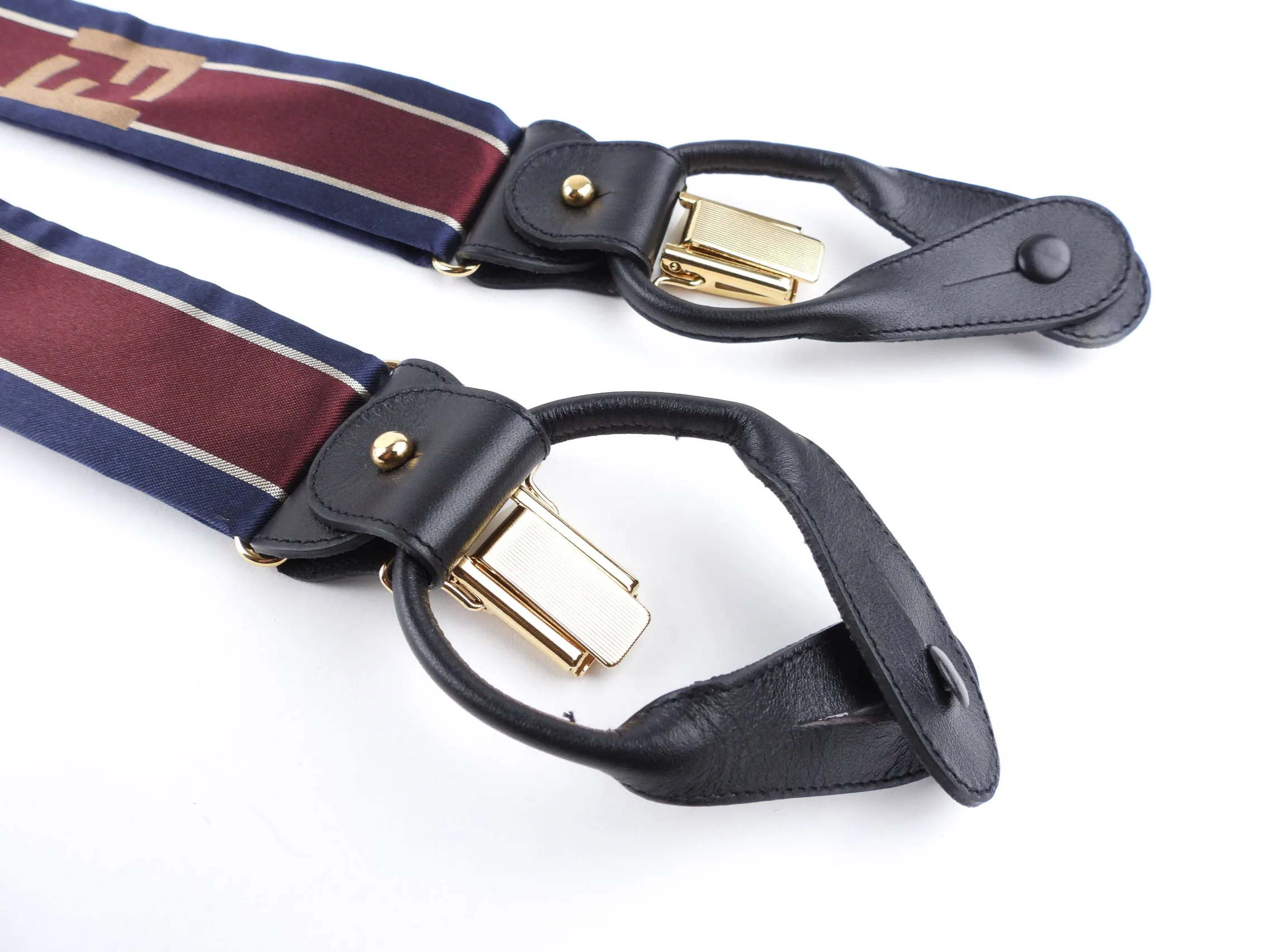 Fendi Burgundy Red and Navy Blue FF Logo Braces Suspenders