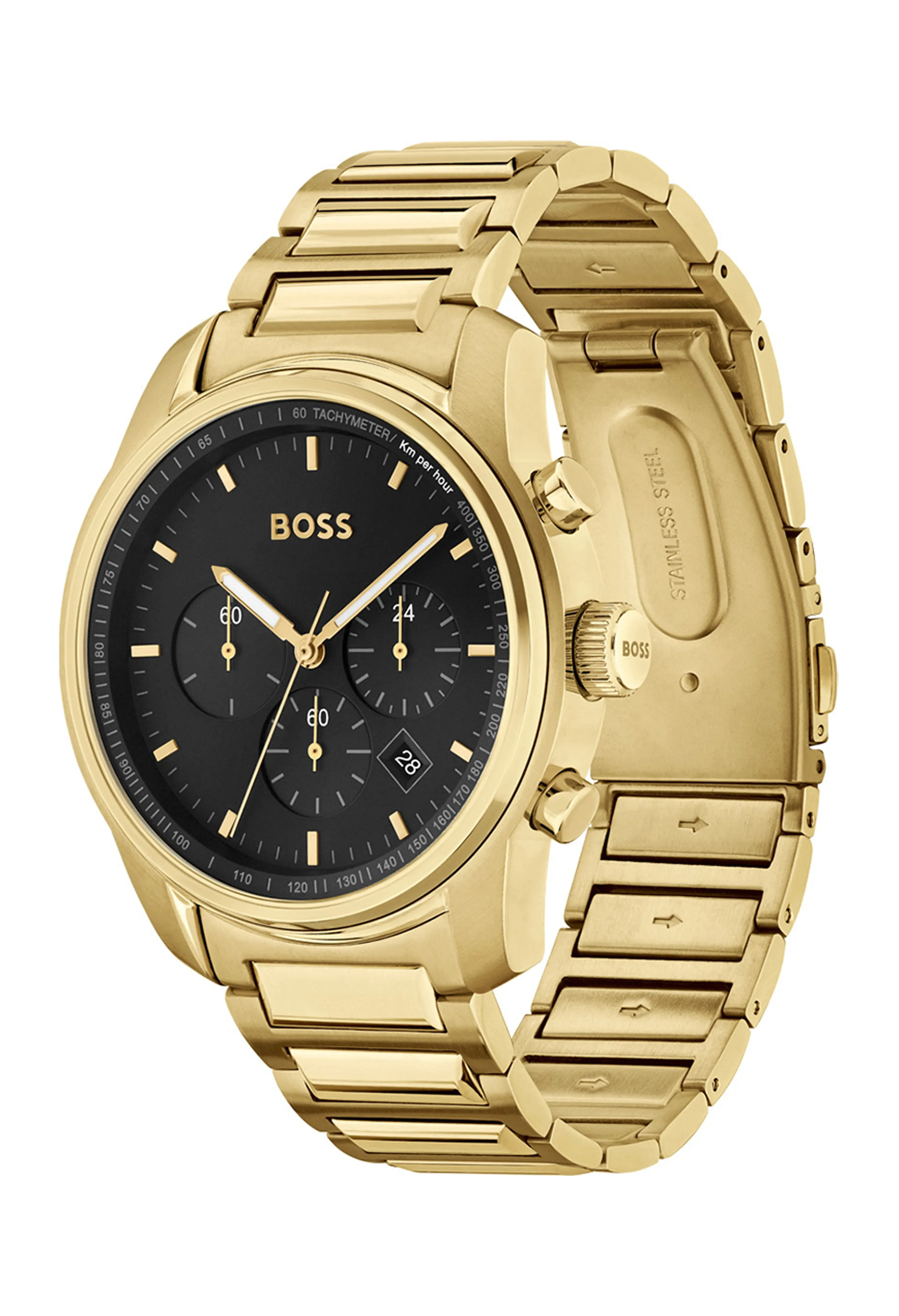 Gents BOSS Trace Black Chronograph Dial Bracelet Watch Gold Plated