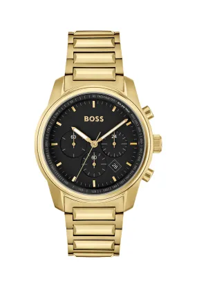 Gents BOSS Trace Black Chronograph Dial Bracelet Watch Gold Plated