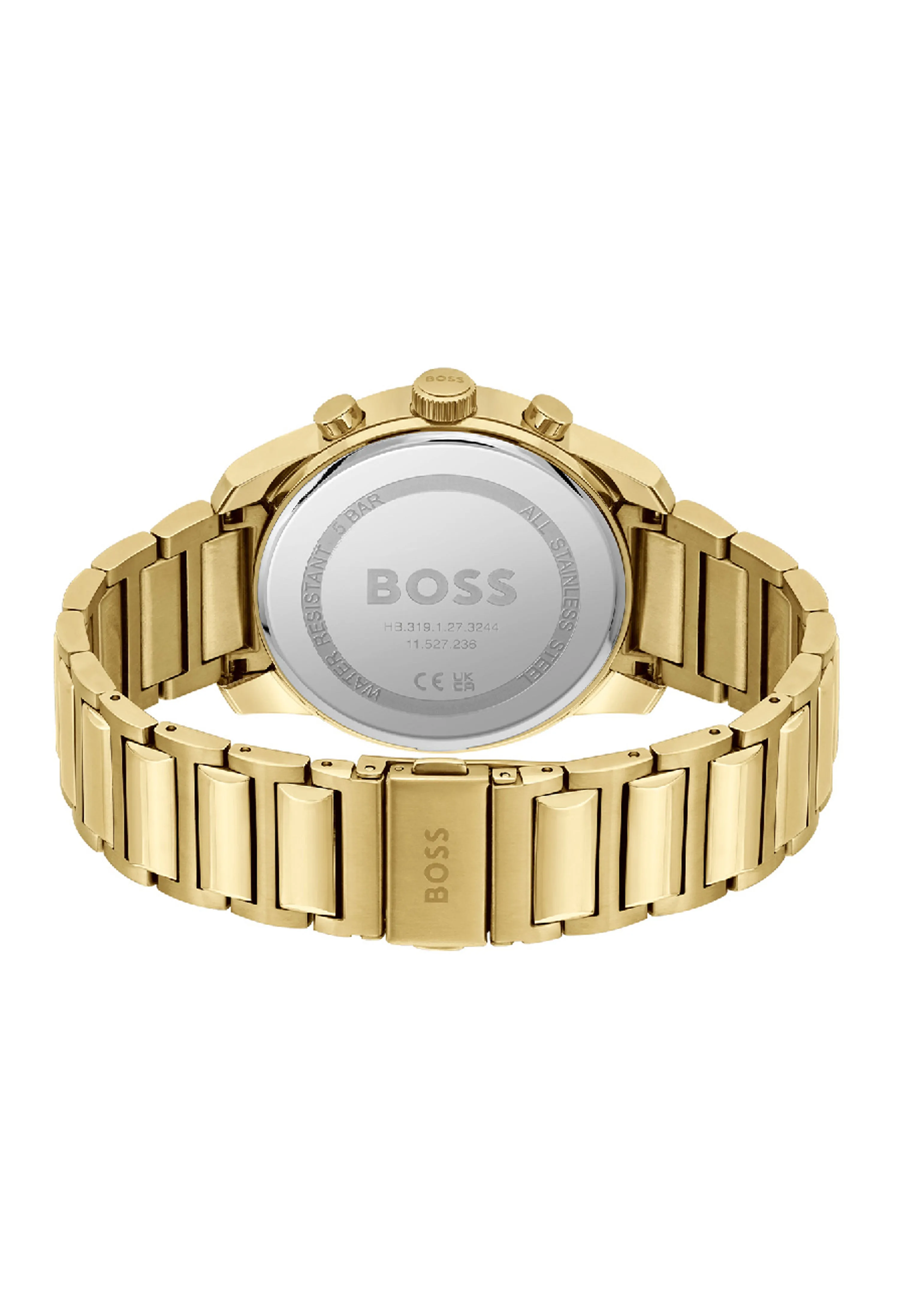 Gents BOSS Trace Black Chronograph Dial Bracelet Watch Gold Plated