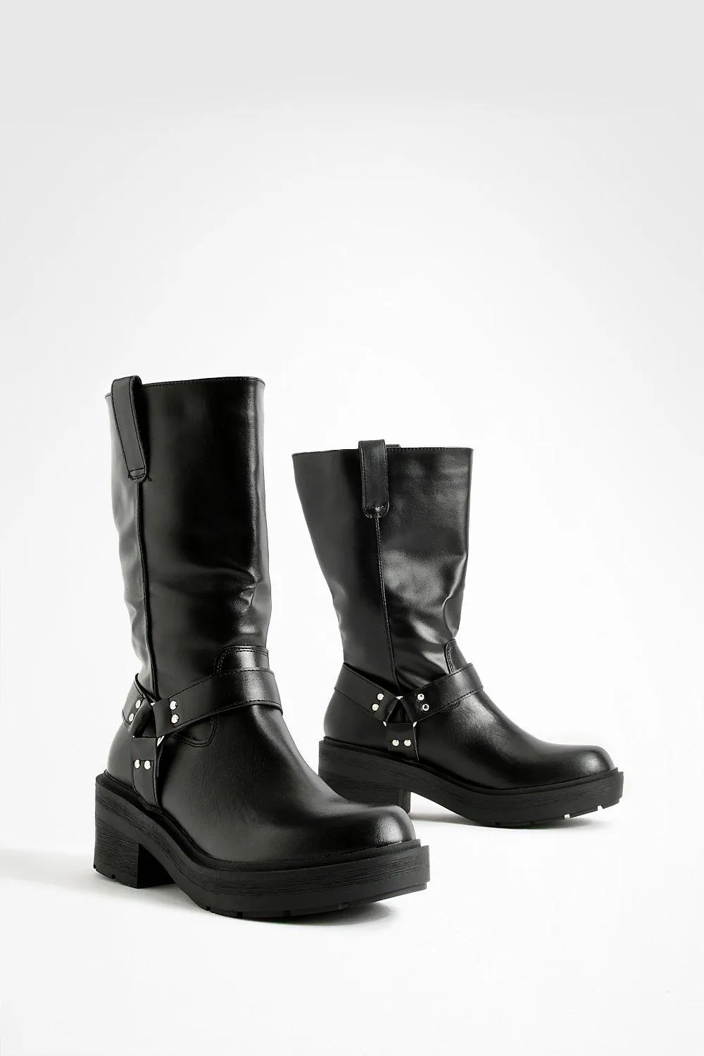 Harness Buckle Chunky Calf High Boots