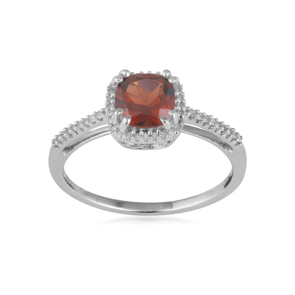 Jewelili 10K White Gold With 1/10 CTTW Round Diamonds and Cushion Garnet Ring