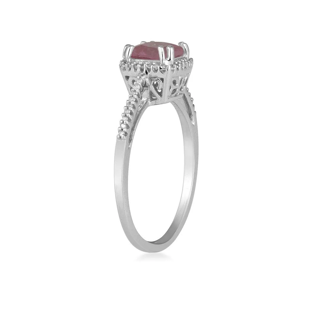 Jewelili 10K White Gold With 1/10 CTTW Round Diamonds and Cushion Garnet Ring