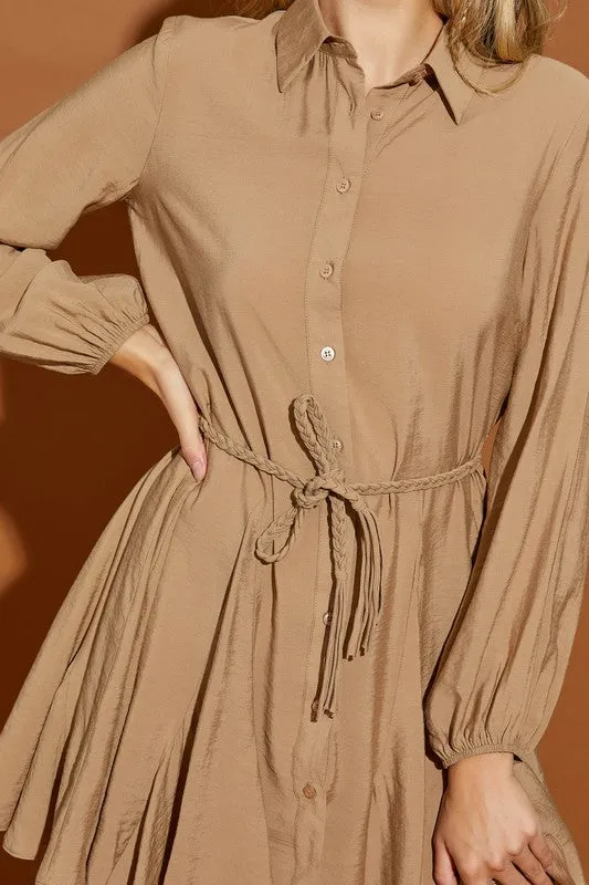 LONG SLEEVE TWISTED BELT SHIRT DRESS