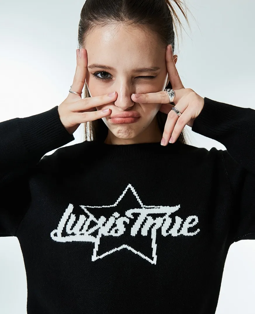 LUV IS TRUE  |Casual Style Street Style Logo V-neck & Crew neck