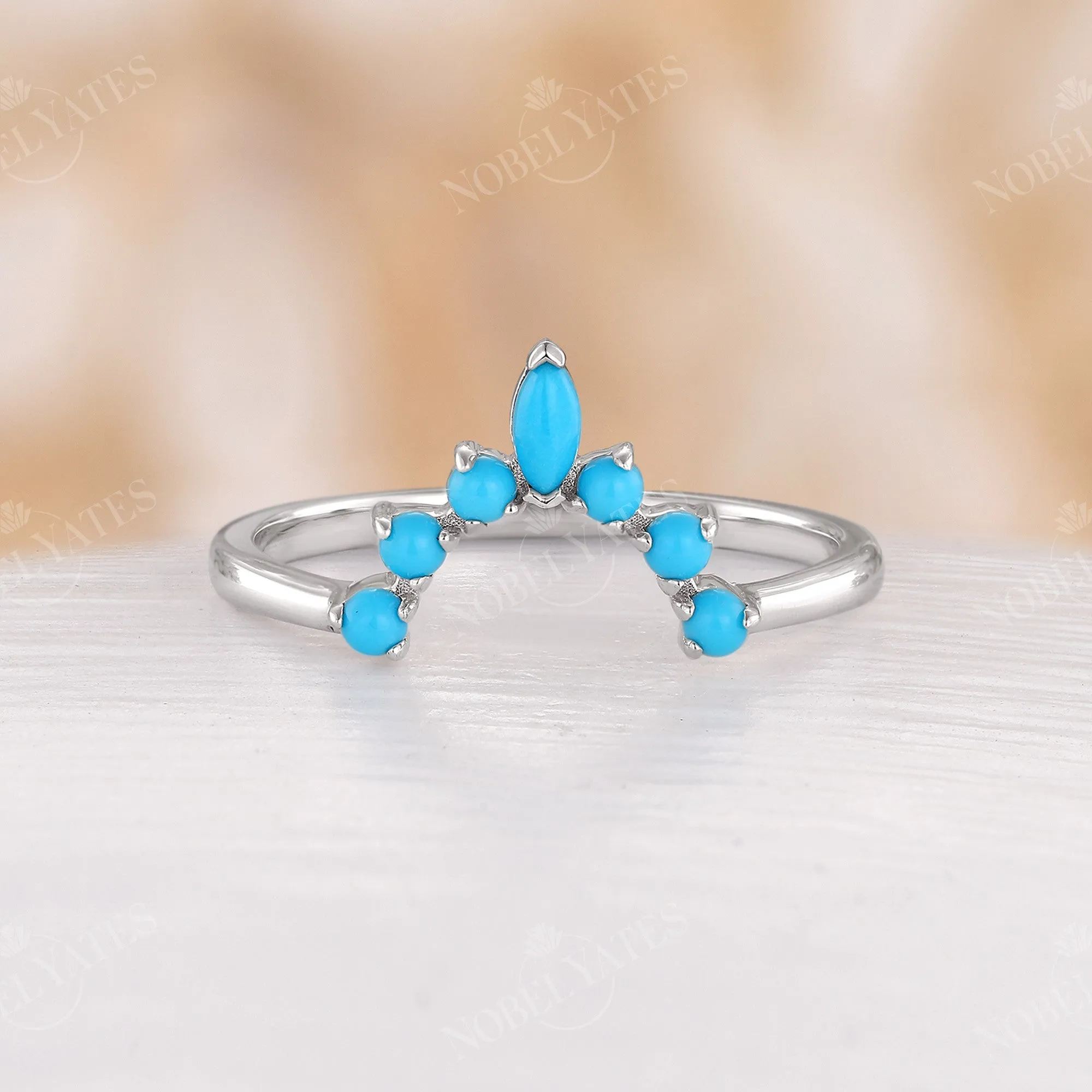 Marquise & Round Blue Turquoise Curved Wedding Band Rose Gold