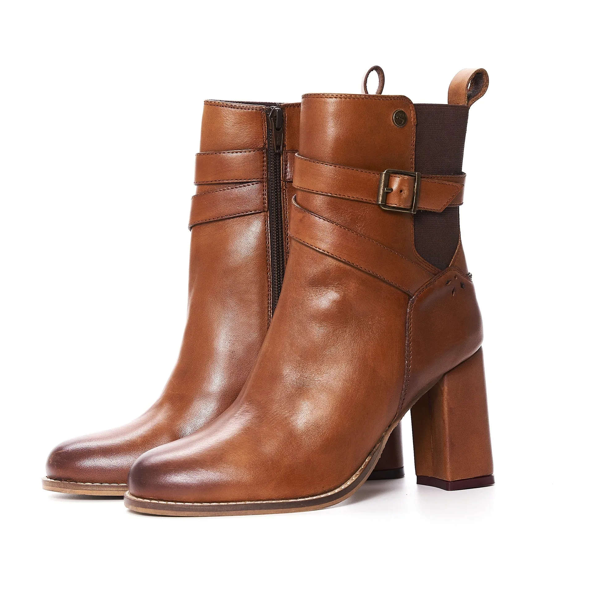 MEGAN TAN HEELED STRAP BOOT